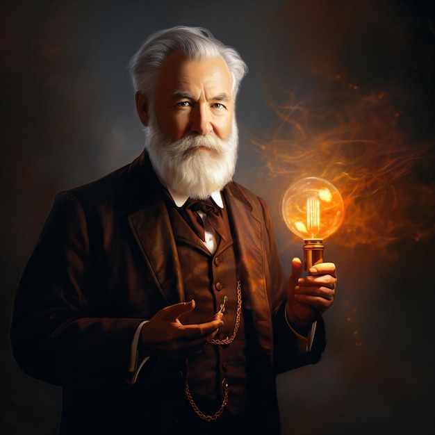 um homem com barba segurando uma lâmpada