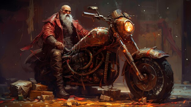 Um homem com barba senta-se em uma motocicleta