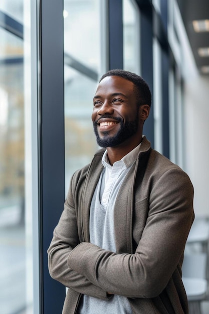 um homem com barba sorrindo na frente de uma janela