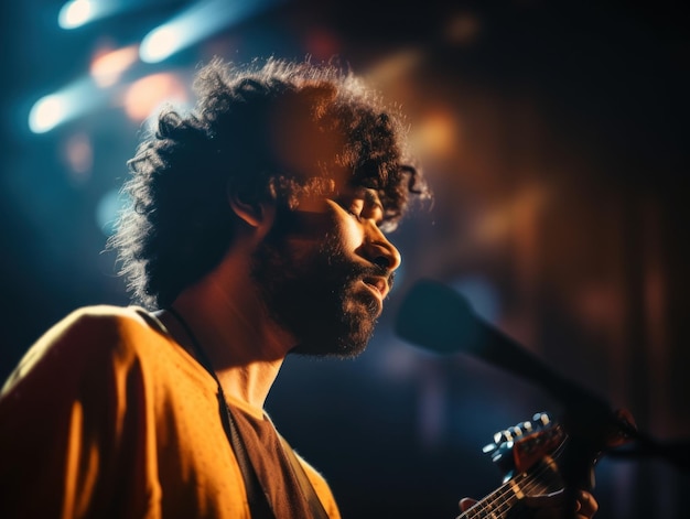 Um homem com barba tocando guitarra imagem generativa de IA