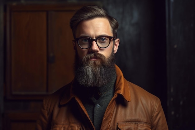 Um homem com barba usando óculos e uma jaqueta