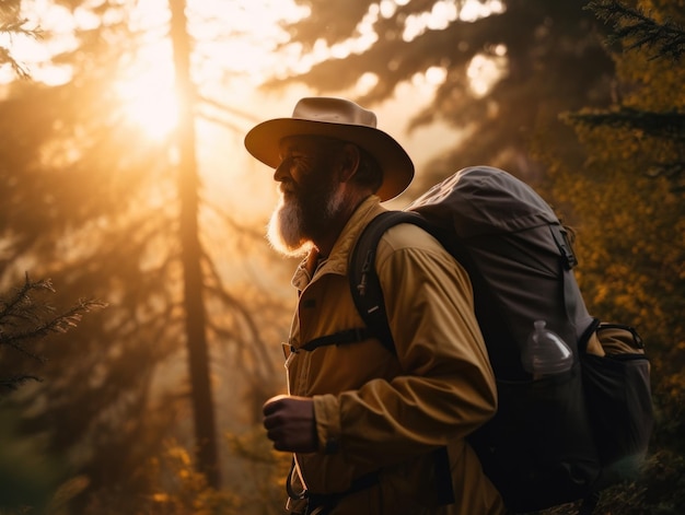 Um homem com barba, usando um chapéu e uma imagem de ai generativa de mochila