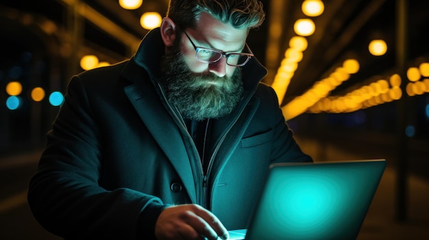 Um homem com barba usando um computador portátil