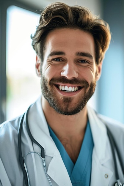 um homem com barba vestindo uma bata de laboratório