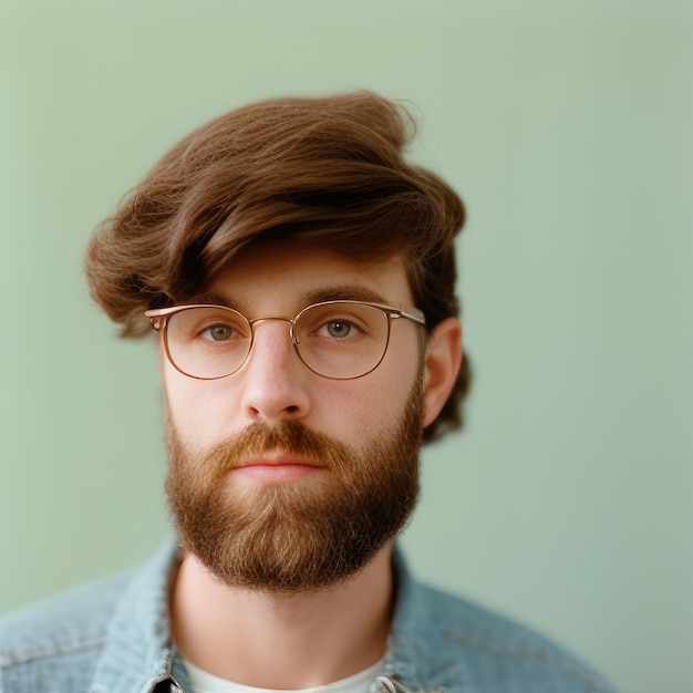 Um homem com barba vestindo uma camisa jeans e óculos