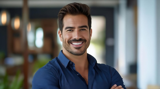 Um homem com bigode e camisa azul sorrindo