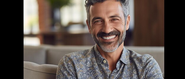 um homem com bigode e camisa florida sorrindo