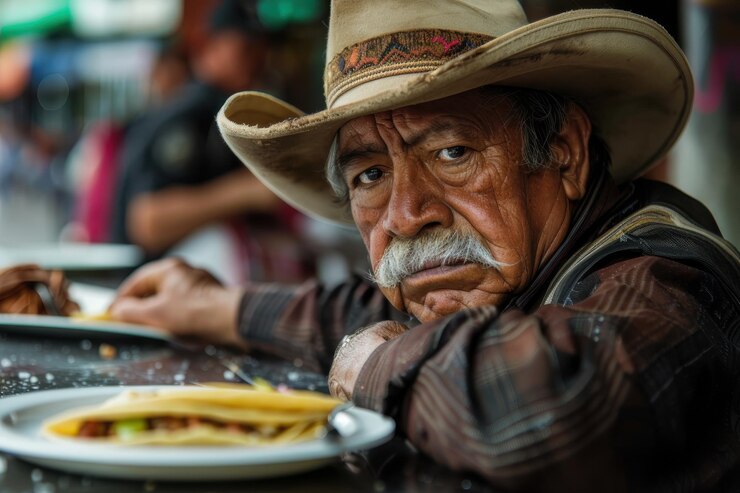 Foto um homem com bigode e chapéu senta-se em uma mesa ao ar livre com um prato de comida parecendo sério