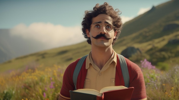 um homem com bigode e óculos lendo um livro