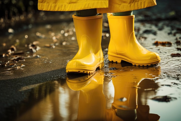 Um homem com botas de borracha amarelas está parado em uma poça com uma capa de chuva andando no parque no outono