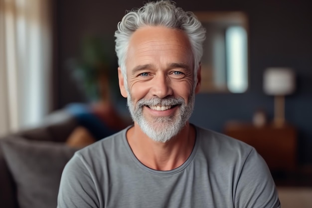 Um homem com cabelo branco e barba sorrindo