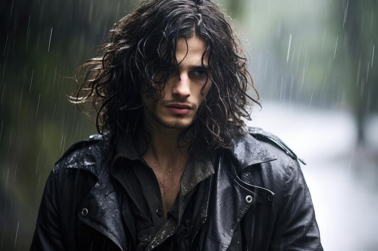 Foto um homem com cabelo comprido na chuva
