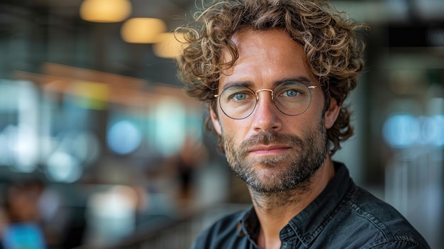 Um homem com cabelo encaracolado e óculos fazendo contato visual com a câmera