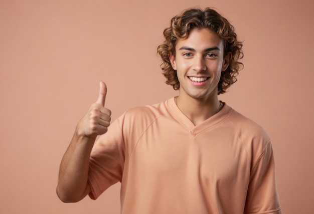 Um homem com cabelo encaracolado e uma camisa de pêssego dá um polegar para cima sua expressão brilhante sugerindo