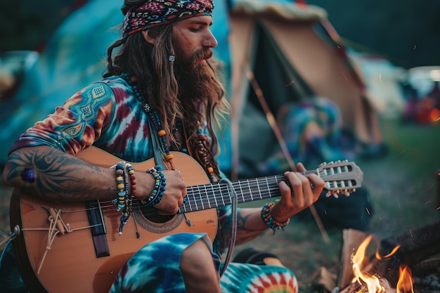 Um homem com cabelos longos e tatuagens está tocando guitarra na frente de uma tenda