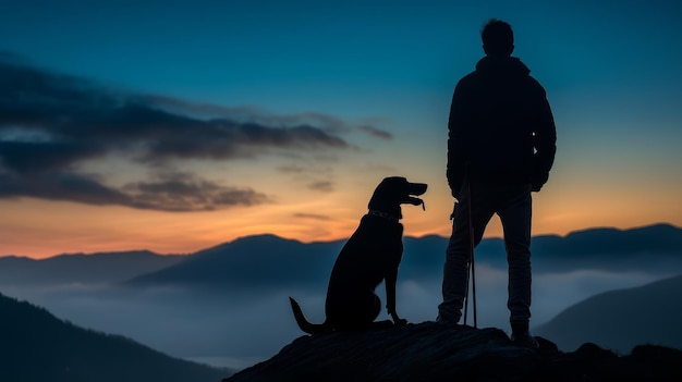 Um homem com cachorro parado no topo de uma IA geradora de montanha