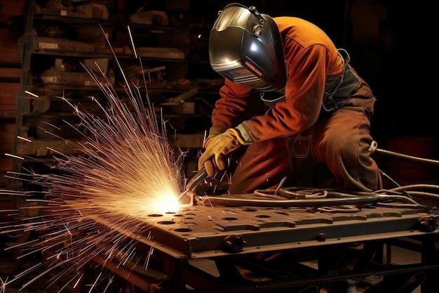 um homem com capacete trabalhando em uma peça de metal.