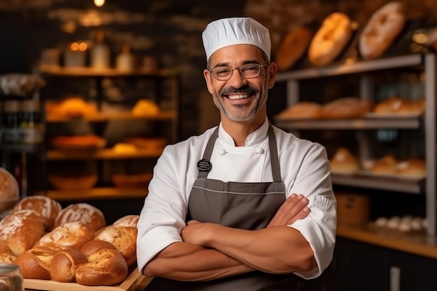 Um homem com chapéu e avental de chef sorrindo