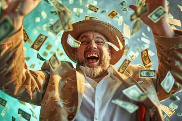 Foto um homem com chapéu e barba está cercado de dinheiro.