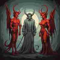 Foto um homem com chifres de diabo está ao lado de um diabo com chifros