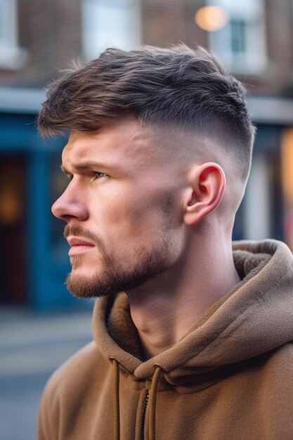 Um homem com corte de cabelo curto está vestindo um moletom marrom e tem um corte de cabelo curto que tem uma parte lateral curta e uma parte lateral curta.