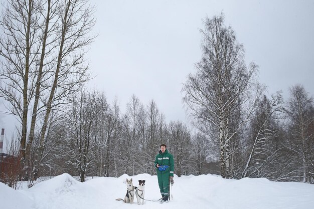 Um homem com dois cães fofos de tamanho médio caminhando ao ar livre no inverno