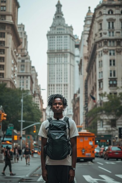 Um homem com dreadlocks de pé no meio da rua