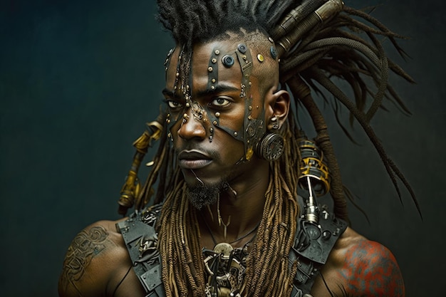 Um homem com dreadlocks e dreadlocks fica na frente de um fundo escuro.