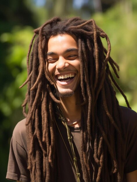 Foto um homem com dreadlocks e dreadlocts está sorrindo