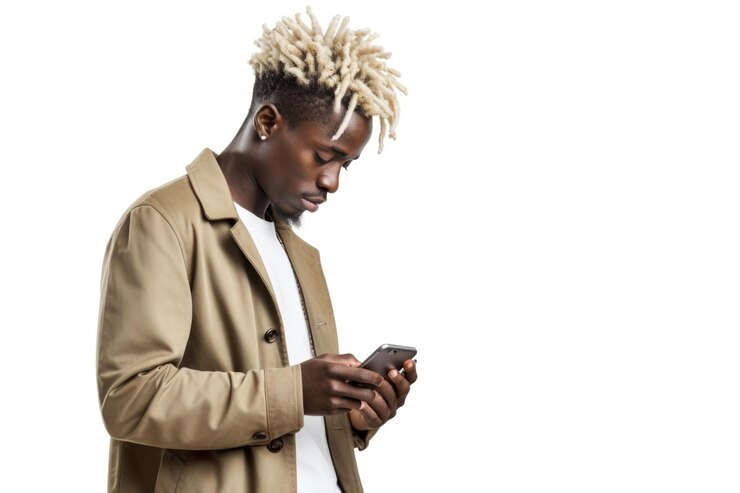Foto um homem com dreadlocks é visto olhando para seu celular esta imagem pode ser usada para representar a tecnologia moderna e comunicação na vida cotidiana