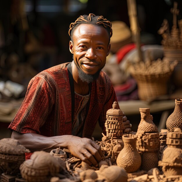 Foto um homem com dreadlocks em sua cabeça senta-se na frente de uma roda de cerâmica