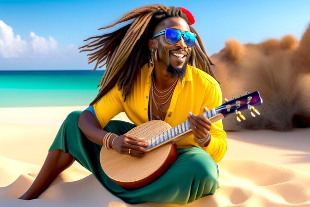 Foto um homem com dreadlocks usando óculos escuros enquanto tocava um instrumento jimbe no céu azul da costa e