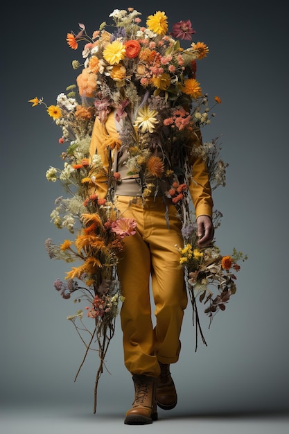 Foto um homem com flores na cabeça e um fato.