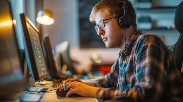 um homem com fones de ouvido e um laptop em sua mesa