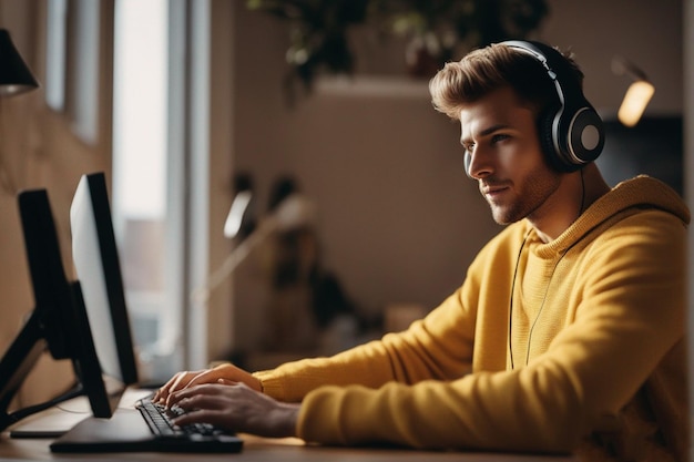 um homem com fones de ouvido e um laptop em sua mesa.