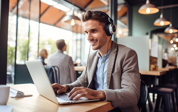 Foto um homem com fones de ouvido e um laptop no colo