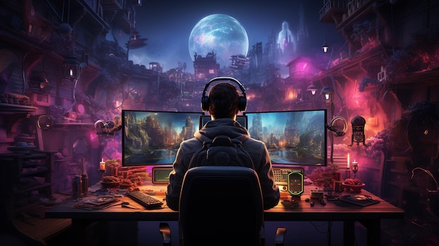 um homem com fones de ouvido nas costas jogando em um computador de jogos