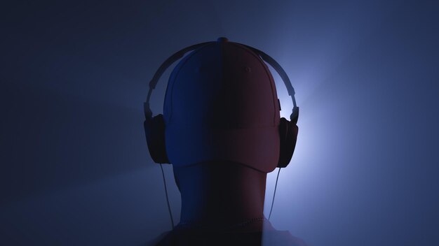 Um homem com fones de ouvido sob a luz de um holofote Vista traseira