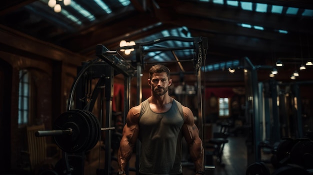 Um homem com grandes músculos está treinando na academia