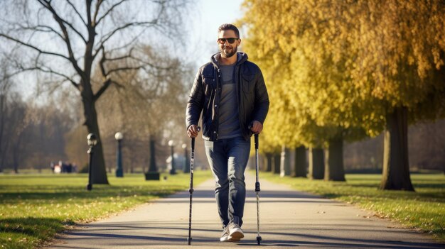 Um homem com muletas caminha por um belo parque mostrando força e determinação durante sua jornada de reabilitação de lesão na perna