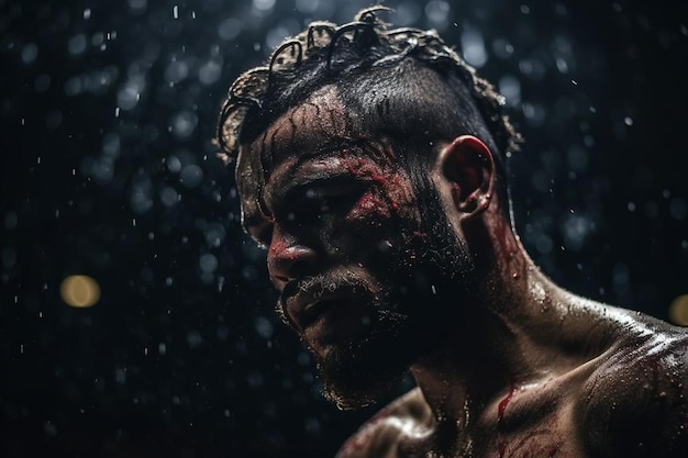 Um homem com o rosto ensanguentado e sangue no rosto está coberto de chuva.