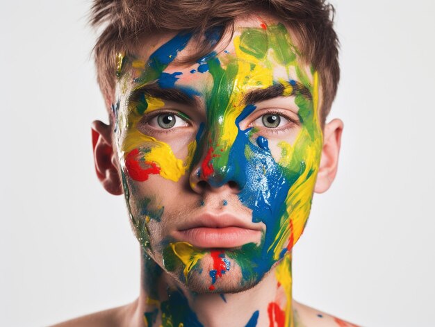 Um homem com o rosto pintado e uma tinta verde e azul no rosto.