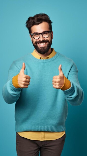 Um homem com óculos dando os polegares para cima