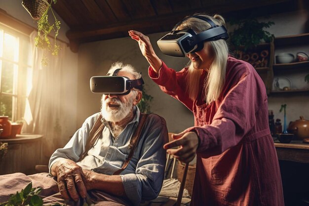 Foto um homem com óculos de realidade virtual está olhando para a câmera com as palavras 