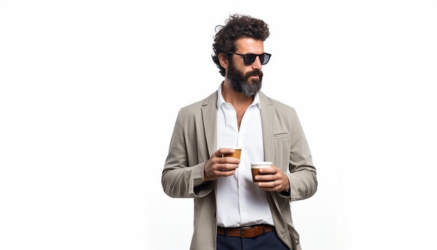 um homem com óculos de sol e uma barba está bebendo um copo de cerveja