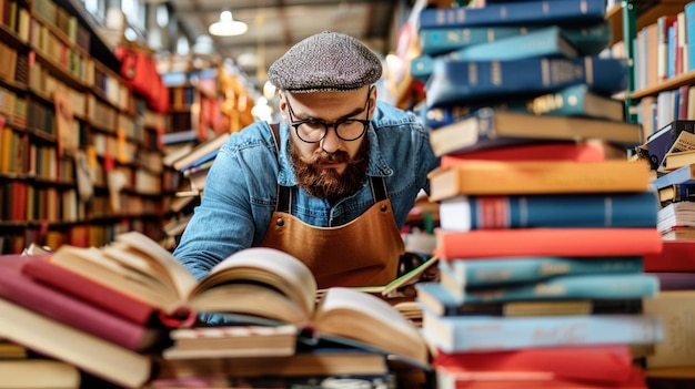 Foto um homem com óculos e barba está olhando para um livro