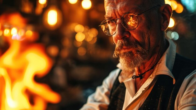 Um homem com óculos e barba sentado em frente ao fogo ai