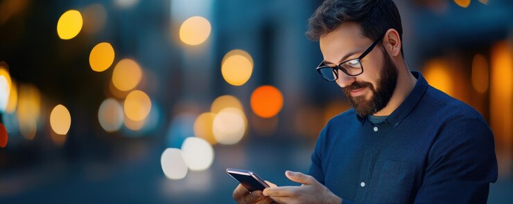 Um homem com óculos e barba usando seu smartphone à noite iluminado pelas luzes da cidade ao fundo