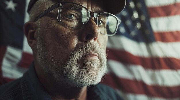Um homem com óculos e um chapéu está de pé na frente de uma bandeira americana