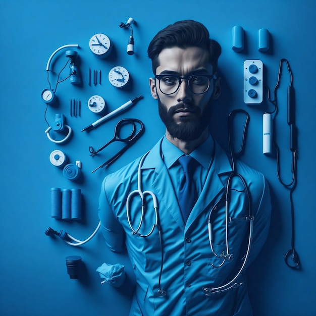 Um homem com óculos e um estetoscópio na cabeça.